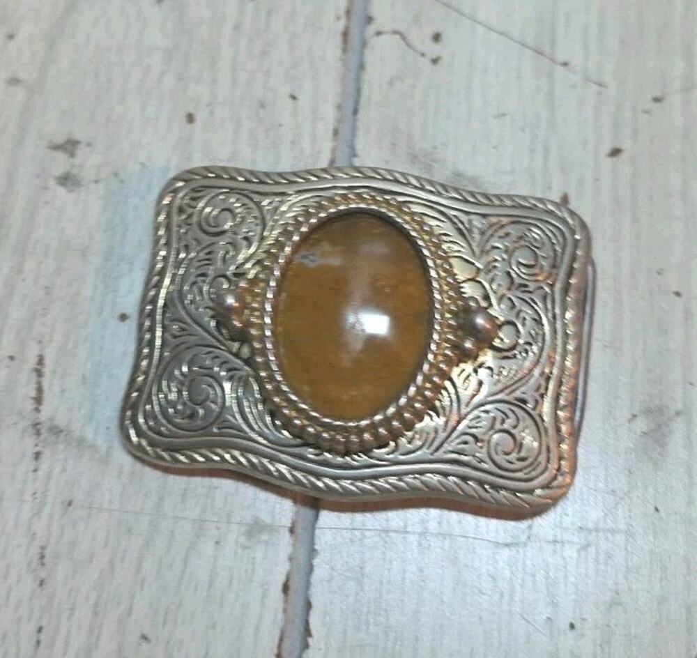Vtg Brown Natural Stone Western Belt Buckle Etched USA Made Cowgirl Ornate